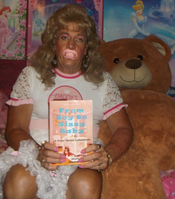 Some new pictures of sissy little girl pansy Gronski - Here are some new pics in a new romper/dress..this sissy has been reading this book lately, haven't taken many pics lately as Dadddy/Master AL just has no ambition to take pictures. He is helping a friend doing some plumbing, sissy,humiliation,diapers,age regression, Adult Babies,Feminization,Diaper Lovers