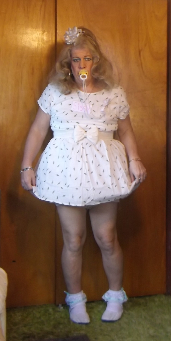 Another new dress for the sissy - pansy wears another new dress he recieved this year, today the sissy is going out with his TV Mommy to the Medical Supply store to buy another 2 month supply of diapers, and then a stop at the grocery store for some Formula and some Baby Food, sissy. adult baby,little girl lifestyle, Adult Babies,Feminization