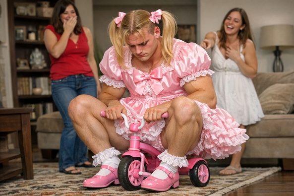 A Big Sissy Baby Man on a Trycycle - A butch man is made to ride on a trycle, while wearing a frilly pink dress, sissification,babyfication,humiliation,sissy image,sissy video, Feminization,Adult Babies,Sissy Fashion,Dolled Up