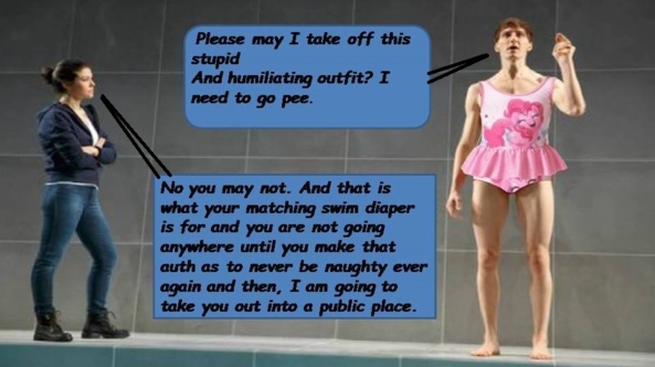 A Sissy Punishment - A man is forced to wear a cute girly seimsuit as a punisment., sissification,sissy caption,swimsuit, Sissy Fashion,Bad Boy To Good Girl