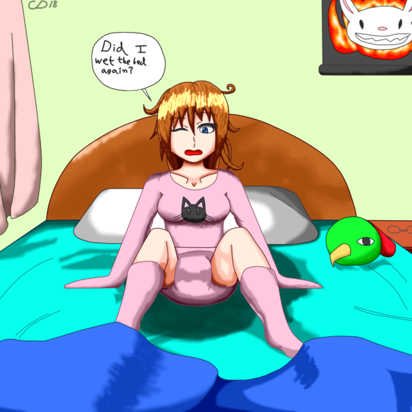 Wet Morning Airial -  Accidents happen, Airial had one two many Wiz's Chocobo elixirs pops before bed XP   Sorry I been inactive here is something to make up for it., baby wetting the bed, Adult Babies,Wetting The Bed,Diaper Lovers