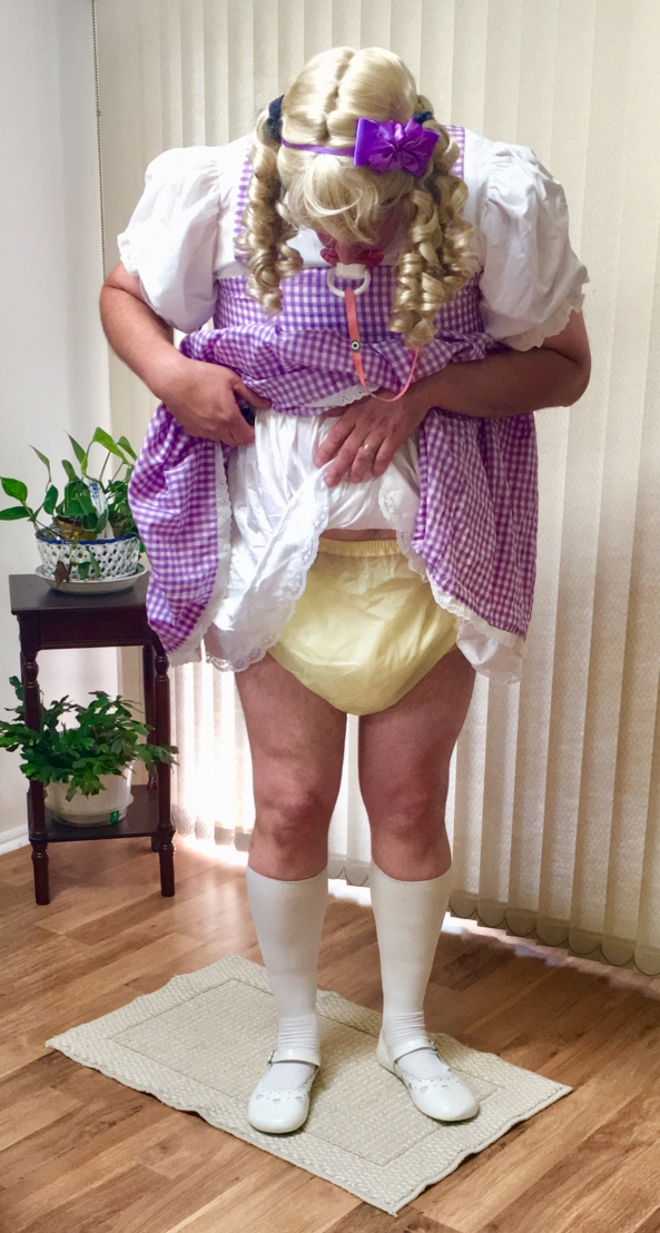 Purple white check dress - Me in my purple and white check dress, and different plastic panties. , Sissy dress plastic panties , Adult Babies,Diaper Lovers,Sissy Fashion