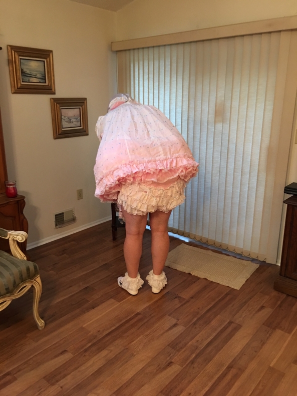 Sissy Show in Baby Reins - Another sissy baby dress, reins, diapers, plastic pants, sissy panties, shoes, socks , Sissy dress,plastic pants,frilly panties,baby reins,leash, Adult Babies,Sissy Fashion,Diaper Lovers
