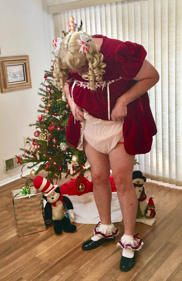 Sissy Baby Puss For Christmas  - Mommy had me dress in some of my holiday fair. Of corse a set of reins for control, and attached hand cuffs for naughty handies! , Sissy dress,diapers,plastic pants,frilly panties, Adult Babies,Sissy Fashion,Diaper Lovers