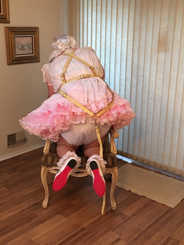 Sissy Show in Baby Reins - Another sissy baby dress, reins, diapers, plastic pants, sissy panties, shoes, socks , Sissy dress,plastic pants,frilly panties,baby reins,leash, Adult Babies,Sissy Fashion,Diaper Lovers