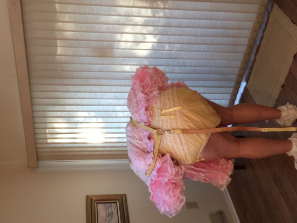 Sissy Show in Baby Reins - Another sissy baby dress, reins, diapers, plastic pants, sissy panties, shoes, socks , Sissy dress,plastic pants,frilly panties,baby reins,leash, Adult Babies,Sissy Fashion,Diaper Lovers