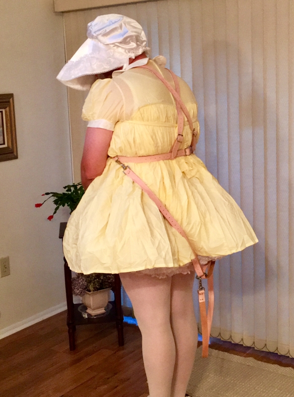 Diapered Sissy Not Going To Wander Far - One of my favorite dresses, pettislip, rhumba tights, cloth diapers, pink plastic panties, frilly socks, and my pink baby harness with leash, Cloth diaper,plastic pants,sissy dress,baby harness,reins,leash,sissy tights, Adult Babies,Sissy Fashion,Diaper Lovers