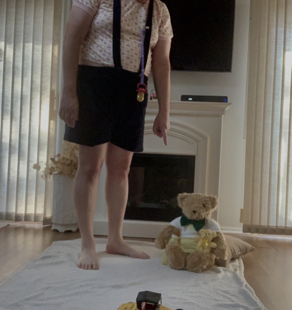 Playing, and missing baby bottle. - Theodore Franklin bear is caught stealing my bottle., Sissy shorts, Adult Babies,Sissy Fashion,Diaper Lovers