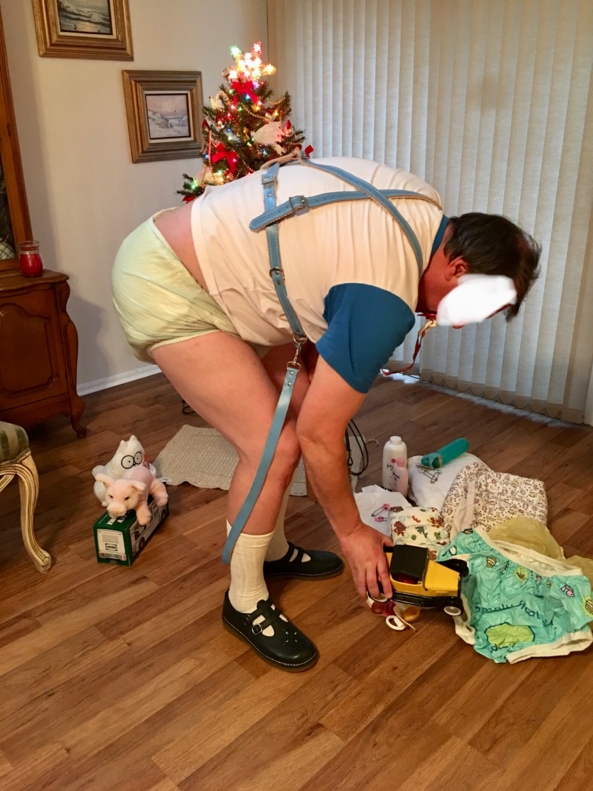 I was happy inside - Me happily playing inside, till mommy had other plans., Terry cloth diaper,plastic pants,harness, Adult Babies,Diaper Lovers
