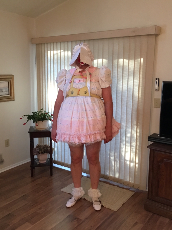 Sissy Show in Baby Reins - Another sissy baby dress, reins, diapers, plastic pants, sissy panties, shoes, socks , Sissy dress,plastic pants,frilly panties,baby reins,leash, Adult Babies,Sissy Fashion,Diaper Lovers