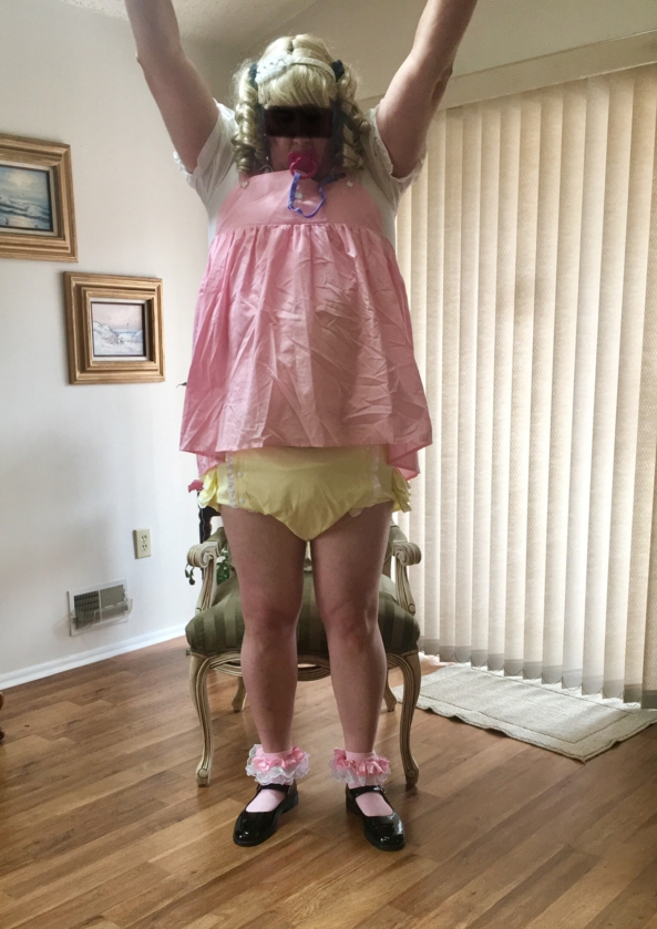 What’s That! Sounds Like Sissy Plastic Panties! - Me in my short pink bunny jumper dress, with frilly yellow panties., Sissy Jumper Dress, Adult Babies,Diaper Lovers,Sissy Fashion