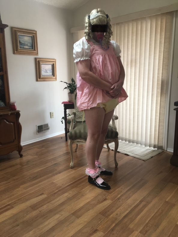 What’s That! Sounds Like Sissy Plastic Panties! - Me in my short pink bunny jumper dress, with frilly yellow panties., Sissy Jumper Dress, Adult Babies,Diaper Lovers,Sissy Fashion
