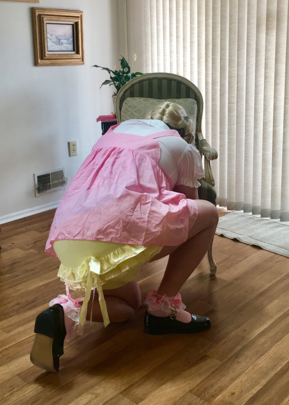What’s That! Sounds Like Sissy Plastic Panties! - Me in my short pink bunny jumper dress, with frilly yellow panties., Sissy Jumper Dress, Adult Babies,Diaper Lovers,Sissy Fashion