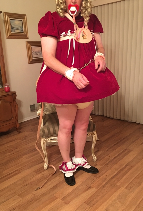 Christmas Selection  - Me, in my red velvet dress, thick cloth diapers, plastic panties, and baby reins., Sissy dress,plastic pants,harness, Adult Babies,Diaper Lovers,Sissy Fashion