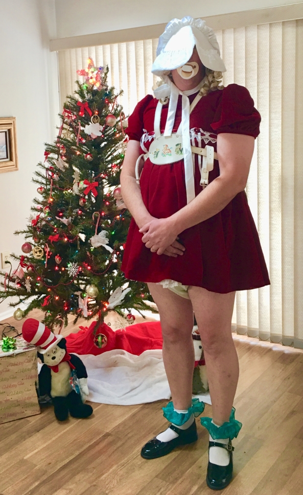 Sissy Baby Puss For Christmas  - Mommy had me dress in some of my holiday fair. Of corse a set of reins for control, and attached hand cuffs for naughty handies! , Sissy dress,diapers,plastic pants,frilly panties, Adult Babies,Sissy Fashion,Diaper Lovers