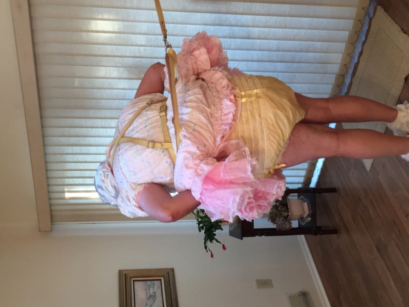 Sissy Show in Baby Reins - Another sissy baby dress, reins, diapers, plastic pants, sissy panties, shoes, socks , Sissy dress,plastic pants,frilly panties,baby reins,leash, Adult Babies,Sissy Fashion,Diaper Lovers