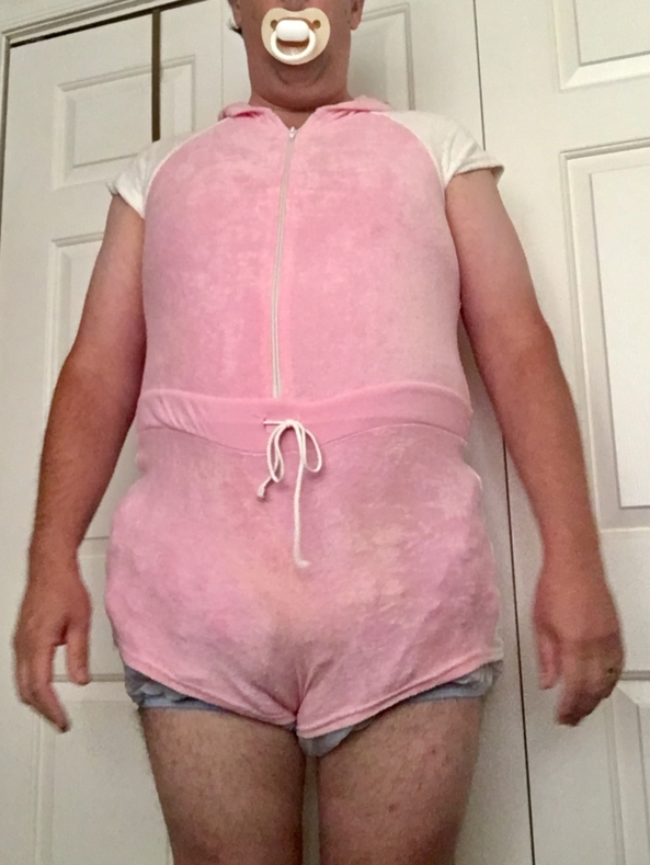 Exasperated Sissy Toddler - Me dressed in cloth diapers, blue plastic pants, and pink romper beachwear. , Plastic panties cloth diapers pink romper, Adult Babies,Diaper Lovers,Sissy Fashion