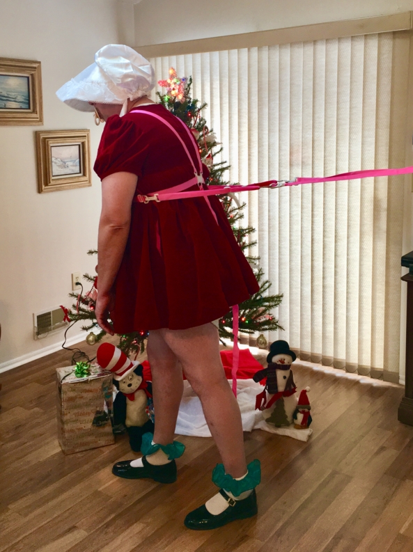 Sissy Baby Puss For Christmas  - Mommy had me dress in some of my holiday fair. Of corse a set of reins for control, and attached hand cuffs for naughty handies! , Sissy dress,diapers,plastic pants,frilly panties, Adult Babies,Sissy Fashion,Diaper Lovers