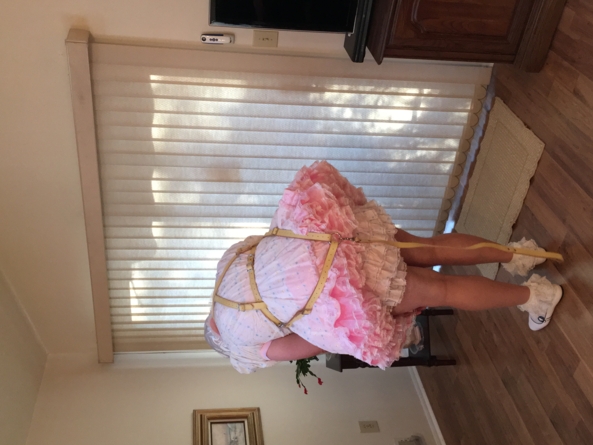 Sissy Show in Baby Reins - Another sissy baby dress, reins, diapers, plastic pants, sissy panties, shoes, socks , Sissy dress,plastic pants,frilly panties,baby reins,leash, Adult Babies,Sissy Fashion,Diaper Lovers