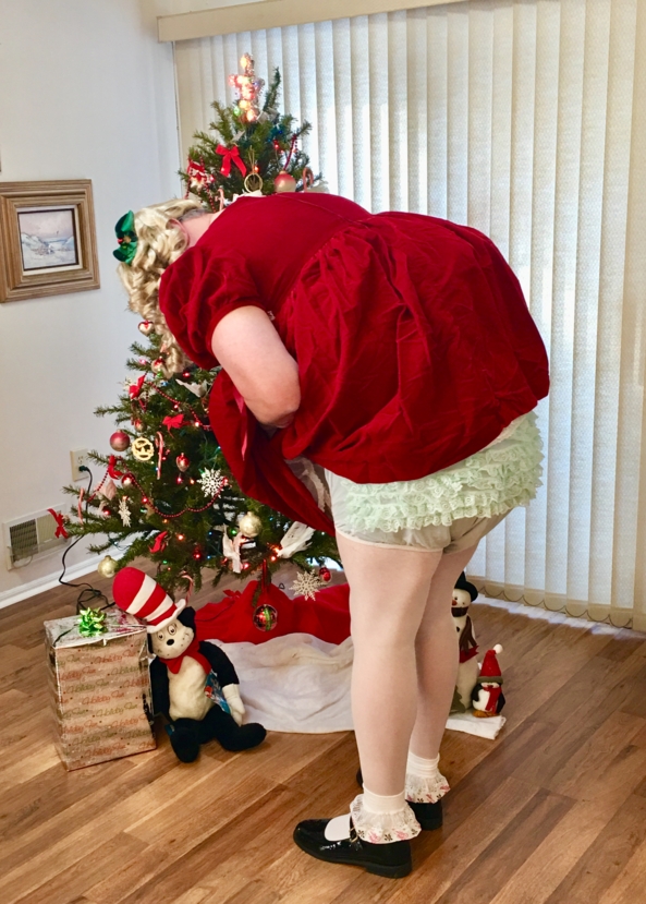 Sissy Baby Puss For Christmas  - Mommy had me dress in some of my holiday fair. Of corse a set of reins for control, and attached hand cuffs for naughty handies! , Sissy dress,diapers,plastic pants,frilly panties, Adult Babies,Sissy Fashion,Diaper Lovers