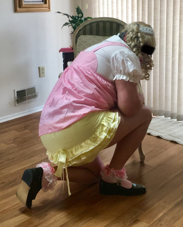 What’s That! Sounds Like Sissy Plastic Panties! - Me in my short pink bunny jumper dress, with frilly yellow panties., Sissy Jumper Dress, Adult Babies,Diaper Lovers,Sissy Fashion