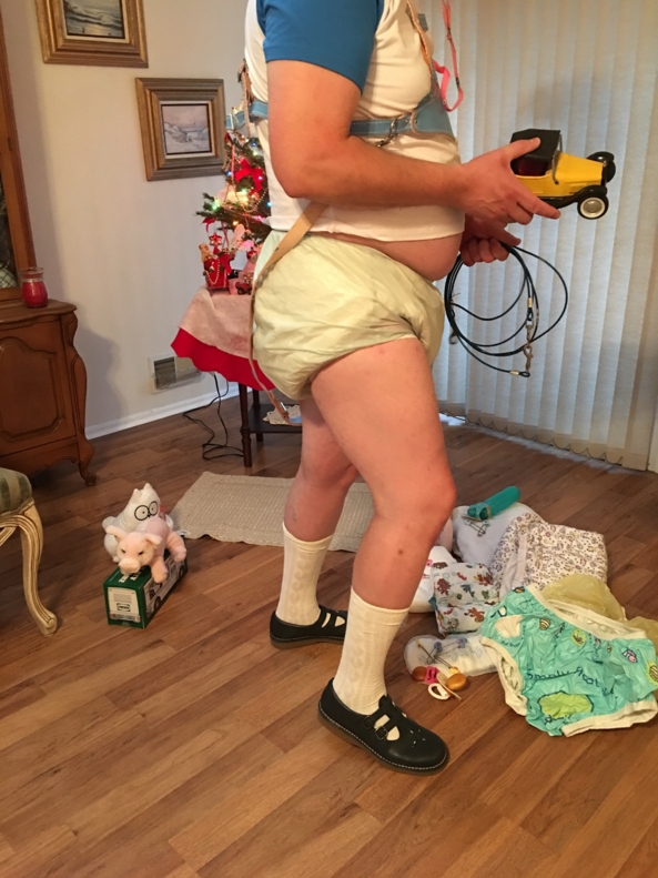 I was happy inside - Me happily playing inside, till mommy had other plans., Terry cloth diaper,plastic pants,harness, Adult Babies,Diaper Lovers