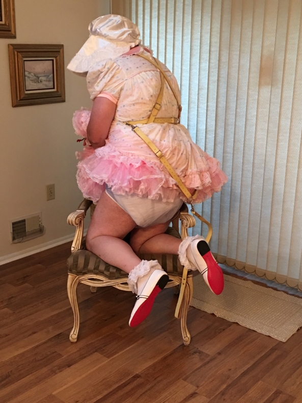 Sissy Show in Baby Reins - Another sissy baby dress, reins, diapers, plastic pants, sissy panties, shoes, socks , Sissy dress,plastic pants,frilly panties,baby reins,leash, Adult Babies,Sissy Fashion,Diaper Lovers