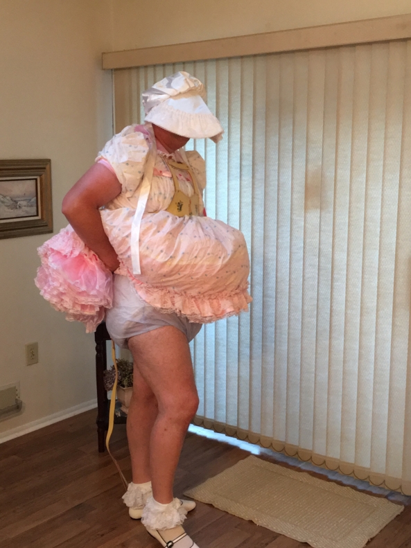 Sissy Show in Baby Reins - Another sissy baby dress, reins, diapers, plastic pants, sissy panties, shoes, socks , Sissy dress,plastic pants,frilly panties,baby reins,leash, Adult Babies,Sissy Fashion,Diaper Lovers