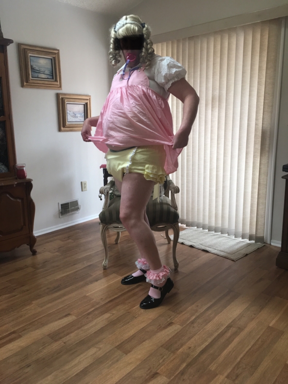 What’s That! Sounds Like Sissy Plastic Panties! - Me in my short pink bunny jumper dress, with frilly yellow panties., Sissy Jumper Dress, Adult Babies,Diaper Lovers,Sissy Fashion