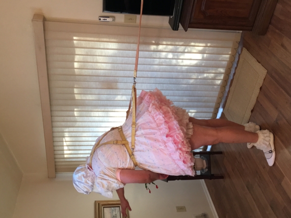 Sissy Show in Baby Reins - Another sissy baby dress, reins, diapers, plastic pants, sissy panties, shoes, socks , Sissy dress,plastic pants,frilly panties,baby reins,leash, Adult Babies,Sissy Fashion,Diaper Lovers