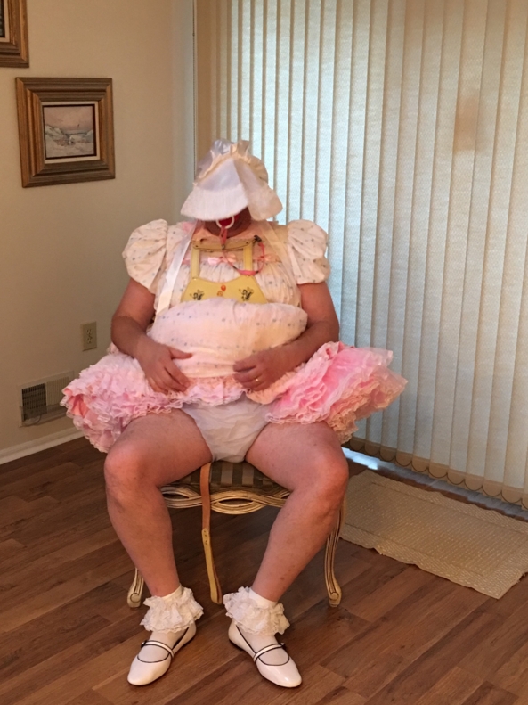 Sissy Show in Baby Reins - Another sissy baby dress, reins, diapers, plastic pants, sissy panties, shoes, socks , Sissy dress,plastic pants,frilly panties,baby reins,leash, Adult Babies,Sissy Fashion,Diaper Lovers