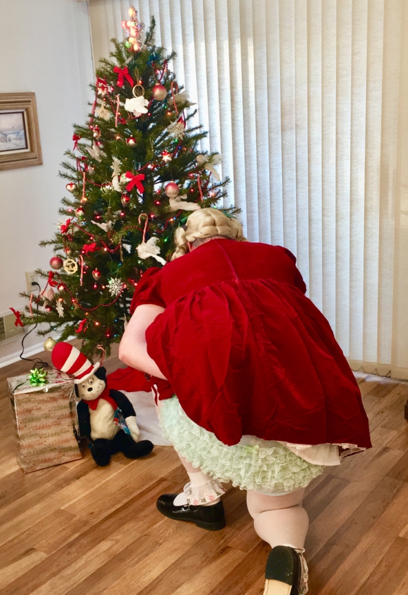 Sissy Baby Puss For Christmas  - Mommy had me dress in some of my holiday fair. Of corse a set of reins for control, and attached hand cuffs for naughty handies! , Sissy dress,diapers,plastic pants,frilly panties, Adult Babies,Sissy Fashion,Diaper Lovers