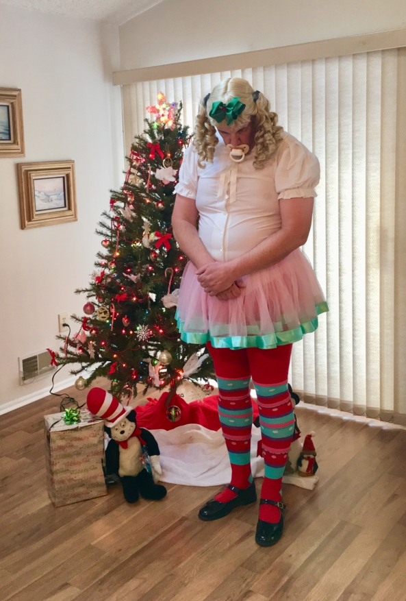 Sissy Baby Puss For Christmas  - Mommy had me dress in some of my holiday fair. Of corse a set of reins for control, and attached hand cuffs for naughty handies! , Sissy dress,diapers,plastic pants,frilly panties, Adult Babies,Sissy Fashion,Diaper Lovers