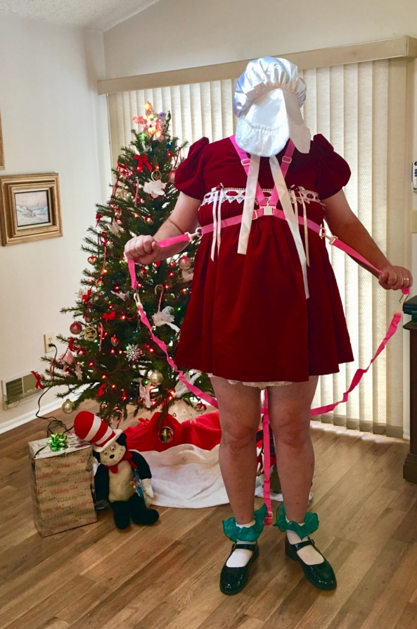 Sissy Baby Puss For Christmas  - Mommy had me dress in some of my holiday fair. Of corse a set of reins for control, and attached hand cuffs for naughty handies! , Sissy dress,diapers,plastic pants,frilly panties, Adult Babies,Sissy Fashion,Diaper Lovers