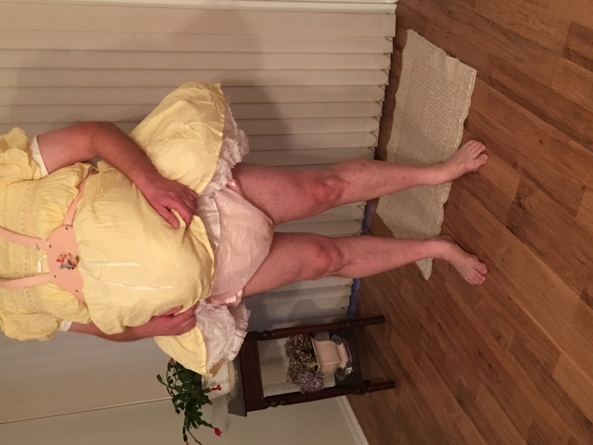 Diapered Sissy Not Going To Wander Far - One of my favorite dresses, pettislip, rhumba tights, cloth diapers, pink plastic panties, frilly socks, and my pink baby harness with leash, Cloth diaper,plastic pants,sissy dress,baby harness,reins,leash,sissy tights, Adult Babies,Sissy Fashion,Diaper Lovers