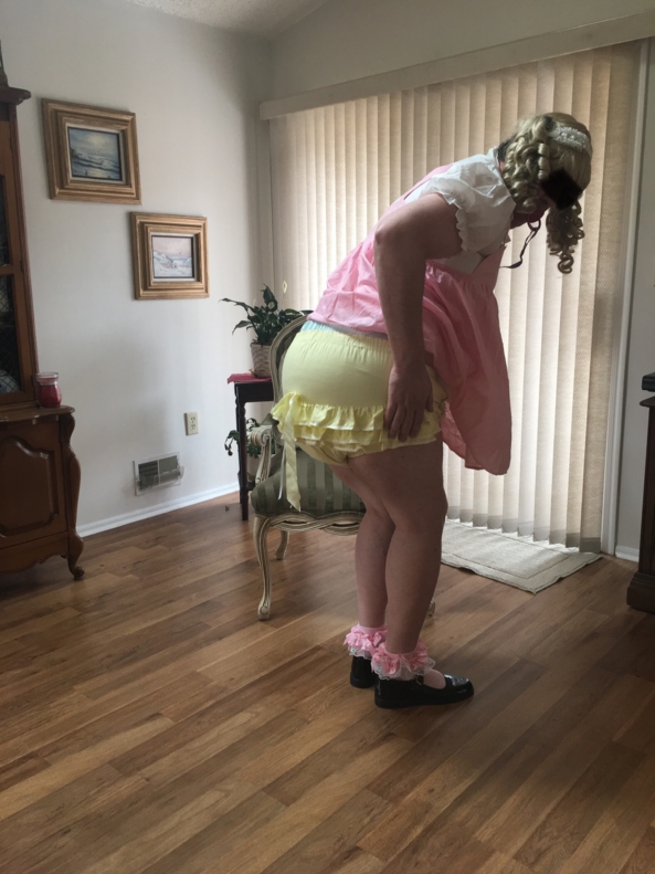 What’s That! Sounds Like Sissy Plastic Panties! - Me in my short pink bunny jumper dress, with frilly yellow panties., Sissy Jumper Dress, Adult Babies,Diaper Lovers,Sissy Fashion