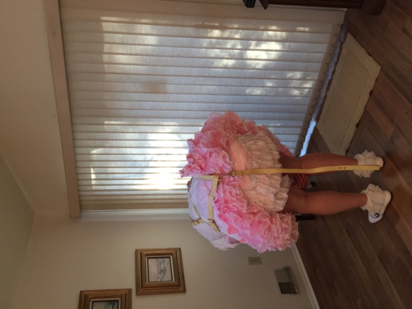 Sissy Show in Baby Reins - Another sissy baby dress, reins, diapers, plastic pants, sissy panties, shoes, socks , Sissy dress,plastic pants,frilly panties,baby reins,leash, Adult Babies,Sissy Fashion,Diaper Lovers