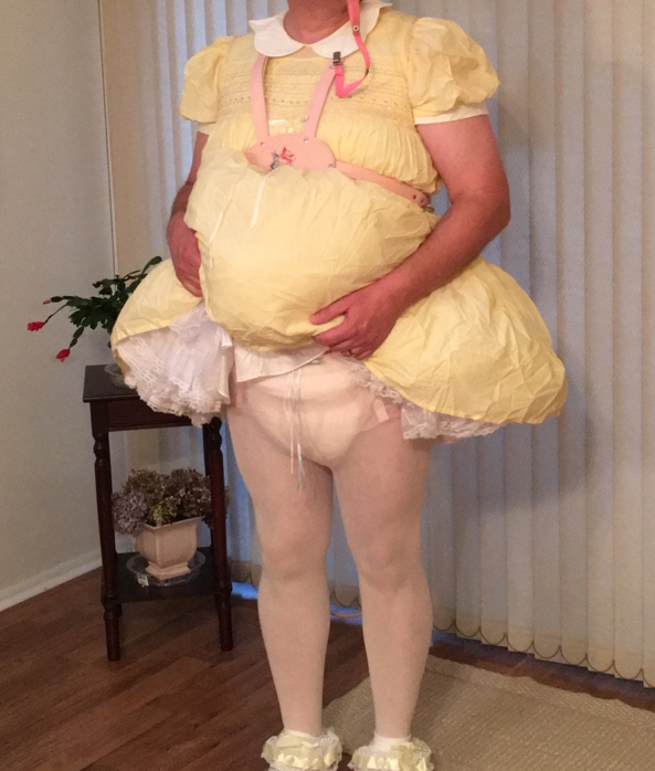 Diapered Sissy Not Going To Wander Far - One of my favorite dresses, pettislip, rhumba tights, cloth diapers, pink plastic panties, frilly socks, and my pink baby harness with leash, Cloth diaper,plastic pants,sissy dress,baby harness,reins,leash,sissy tights, Adult Babies,Sissy Fashion,Diaper Lovers