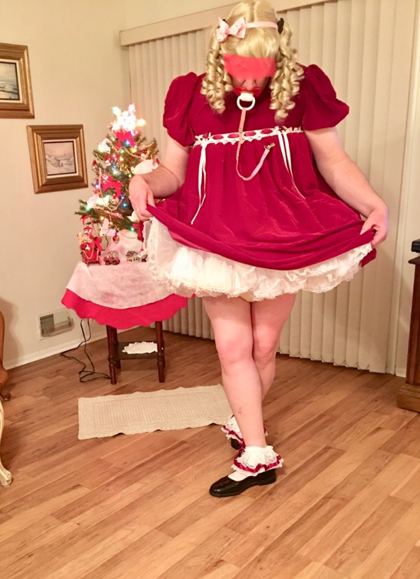 Christmas Selection  - Me, in my red velvet dress, thick cloth diapers, plastic panties, and baby reins., Sissy dress,plastic pants,harness, Adult Babies,Diaper Lovers,Sissy Fashion