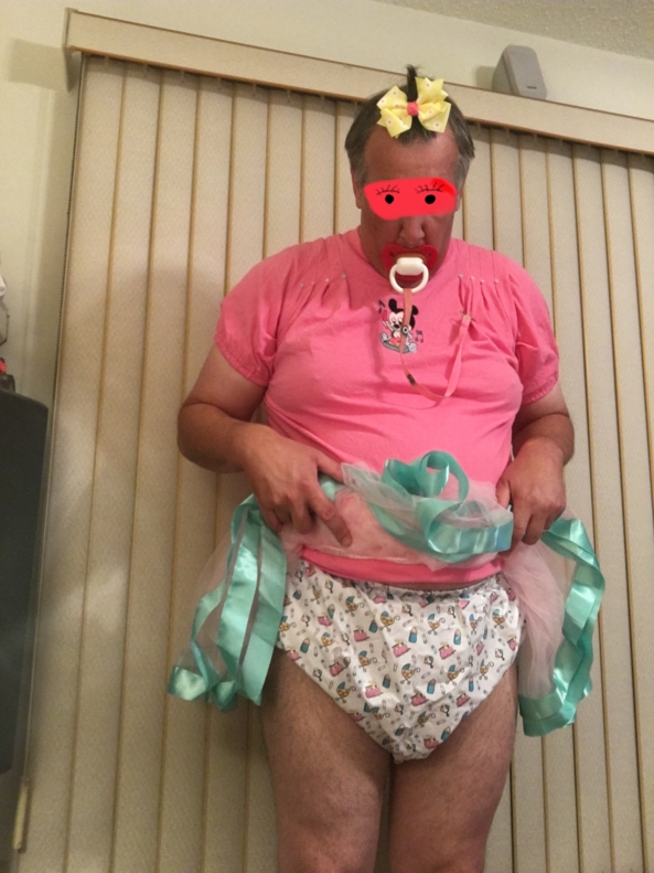 Lesson in sissy baby humiliation  - Frilly plastic panties, sheer skirt, pink sissy top, and a cute bow, Frilly plastic panties , Adult Babies,Diaper Lovers,Sissy Fashion
