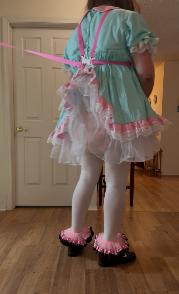 Peek A Boo Leash Sissy - Mommy put me in extra thick diapers, pink plastic pants, and peek a boo dress, Sissy, Adult Babies