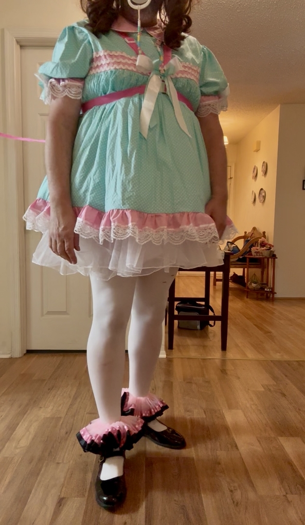 Peek A Boo Leash Sissy - Mommy put me in extra thick diapers, pink plastic pants, and peek a boo dress, Sissy, Adult Babies