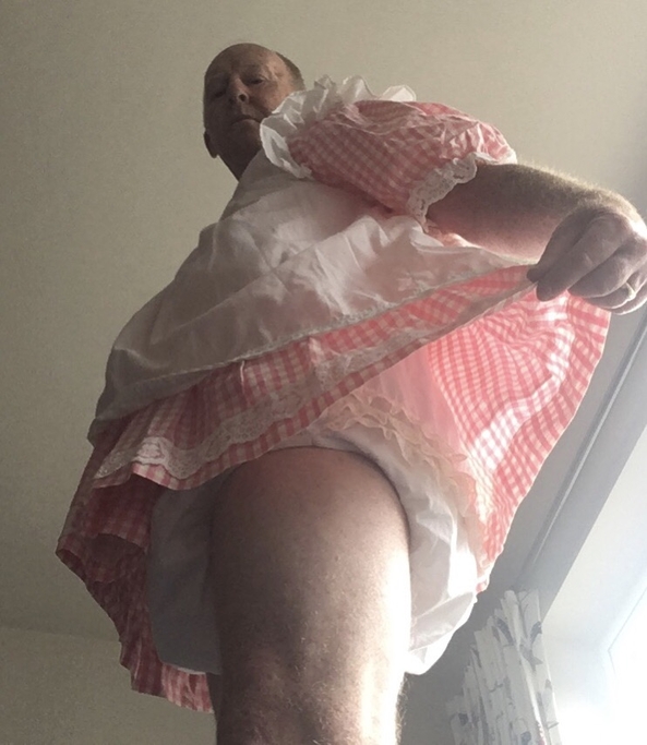 Pink Gingham and baby pants.  - Showing off my dress, pinafore, Terry towelling nappy and frilled baby pants, Sissy,Sissybaby,humiliation,sissyexposure, Adult Babies,Diaper Lovers,Feminization