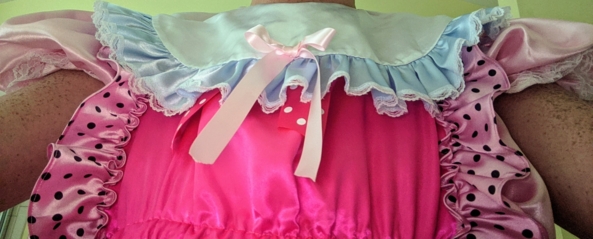 Cleaning for mommy and a new dress - Mommy surprised me with a matching pink romper to my blue one.  Helped her clean all day and she told me i can stay in my new dress and panties all night.  Baby still a little shy to show her face yet, Romper,sissy dress, Adult Babies,Sissy Fashion,Dolled Up