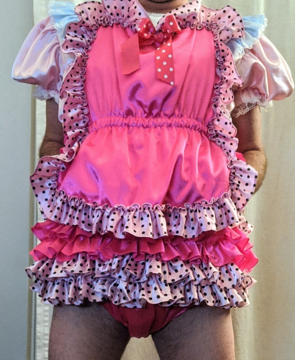Cleaning for mommy and a new dress - Mommy surprised me with a matching pink romper to my blue one.  Helped her clean all day and she told me i can stay in my new dress and panties all night.  Baby still a little shy to show her face yet, Romper,sissy dress, Adult Babies,Sissy Fashion,Dolled Up