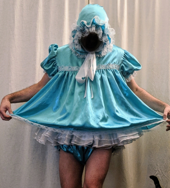 Cleaning for mommy and a new dress - Mommy surprised me with a matching pink romper to my blue one.  Helped her clean all day and she told me i can stay in my new dress and panties all night.  Baby still a little shy to show her face yet, Romper,sissy dress, Adult Babies,Sissy Fashion,Dolled Up