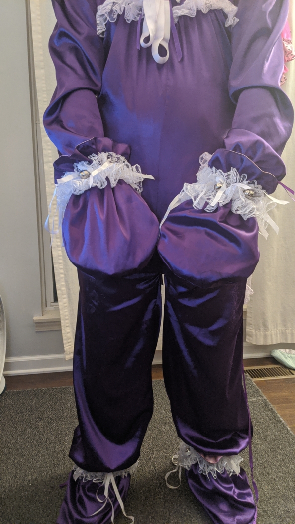 When mommy says no touching - Got caught by mommy.  Trip diaper, plastic panties and the full romper  mittens and booties.  Will have to behave for a while before she changes me.  Mommy wants you all to pick it out, Satin,Romper,Locked, Adult Babies,Sissy Fashion