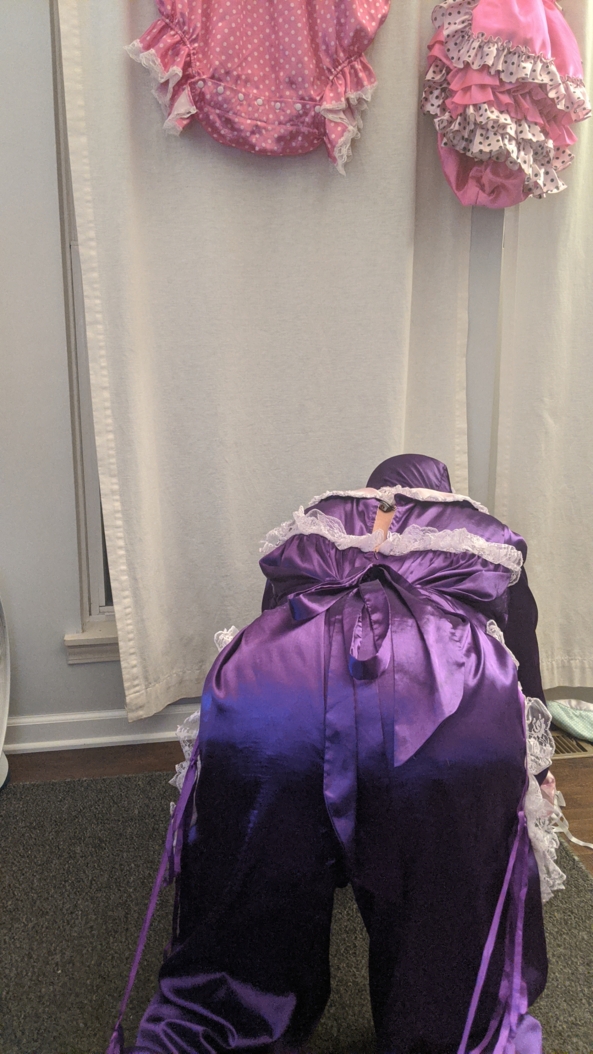 When mommy says no touching - Got caught by mommy.  Trip diaper, plastic panties and the full romper  mittens and booties.  Will have to behave for a while before she changes me.  Mommy wants you all to pick it out, Satin,Romper,Locked, Adult Babies,Sissy Fashion
