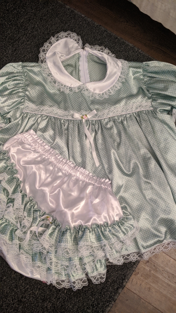 When mommy says no touching - Got caught by mommy.  Trip diaper, plastic panties and the full romper  mittens and booties.  Will have to behave for a while before she changes me.  Mommy wants you all to pick it out, Satin,Romper,Locked, Adult Babies,Sissy Fashion
