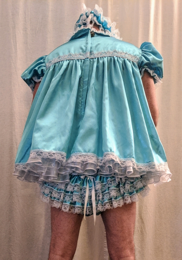 Cleaning for mommy and a new dress - Mommy surprised me with a matching pink romper to my blue one.  Helped her clean all day and she told me i can stay in my new dress and panties all night.  Baby still a little shy to show her face yet, Romper,sissy dress, Adult Babies,Sissy Fashion,Dolled Up